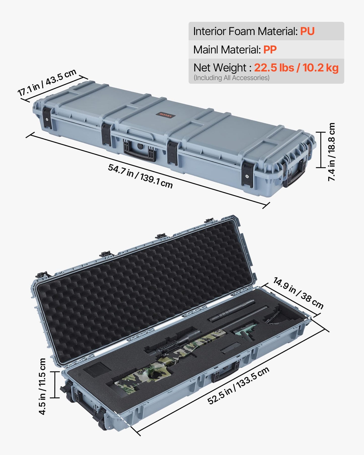 VEVOR Rifle Case, Hard Rifle Case with 4 Layers Fully-protective Foams, 52 inch Lockable Long Storage Case with Wheels, IP67 Waterproof & Dustproof, Grey