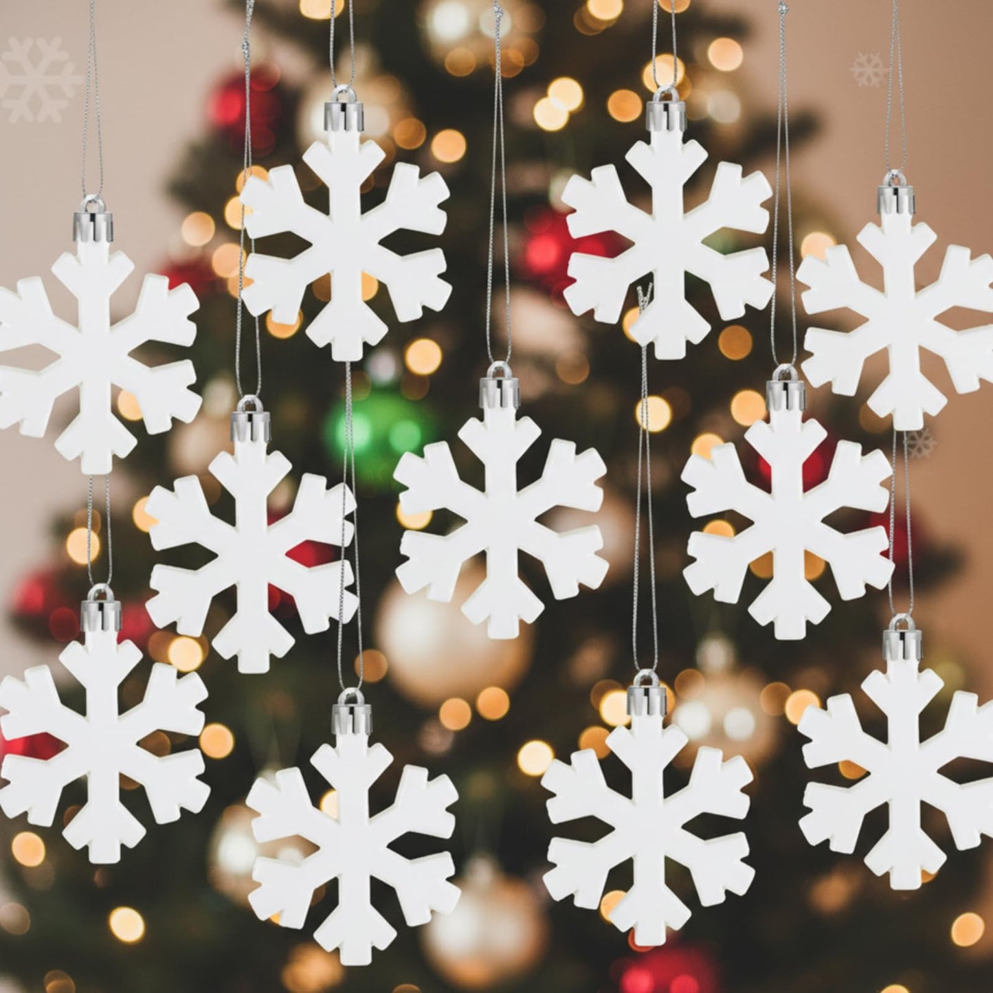 Lunmon 12 Pcs Snowflake Ornaments Christmas 3D Winter Snowflake Hanging Decorations 2.4 Inch Plastic Farmhouse White Snow Flake Ornaments with Rope for Home Xmas Tree Party Decor