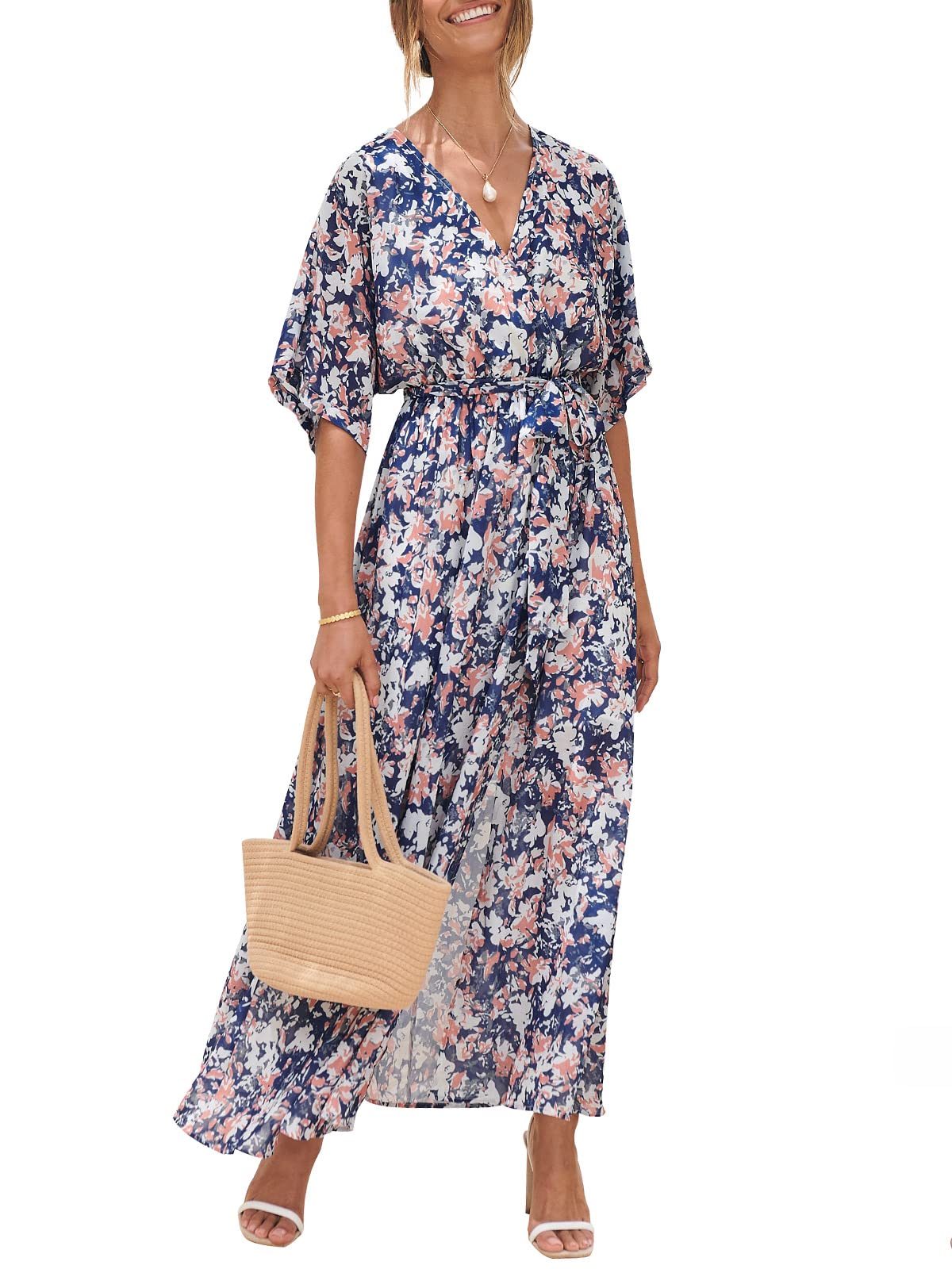 ANRABESS Womens 1/2 Sleeve Beach Wedding Guest Maxi Dresses 2025 Fall Wrap V Neck Boho Floral Flowy Slit Long Summer Dresses