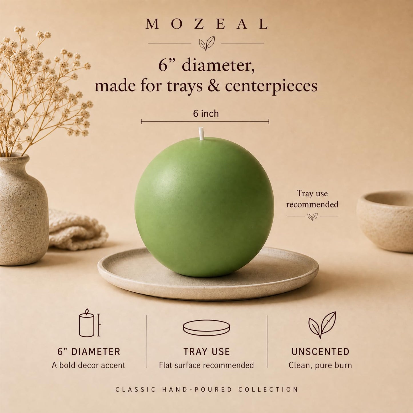 MOZEAL Hand-Poured, 6 Inch Green Large Round Ball Candles - Elegant Green Round Pillar Candles, Dripless, Unscented, Smokeless, Ideal for Spring Celebrations.