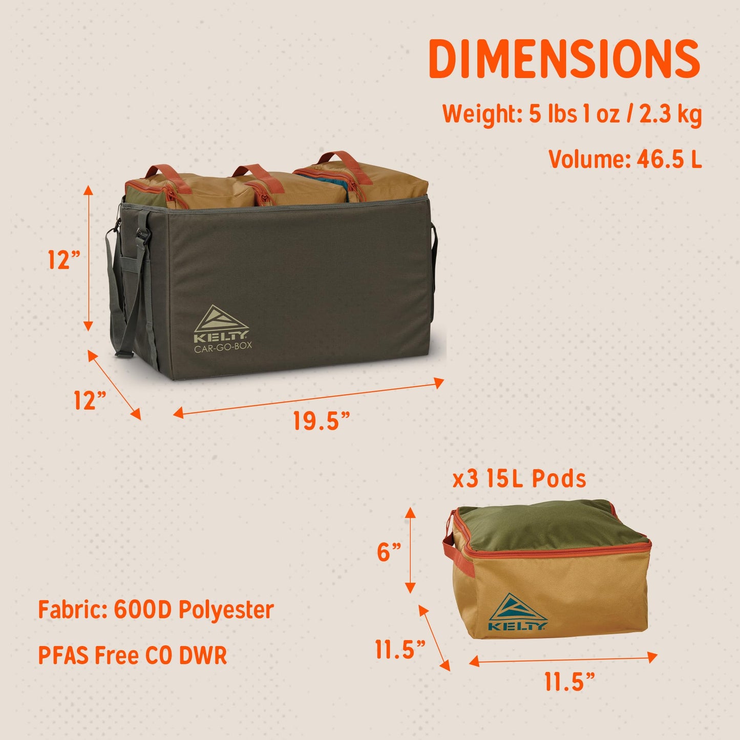 Kelty CARGO Box – Camping, Tailgating, Travel Organization Kit, Large Structured Tote + 3 Individual Pods Storage for Trucks, Vans, SUVs Cars – Color Coded Packing Cubes, Rugged + Water Resistant 45L