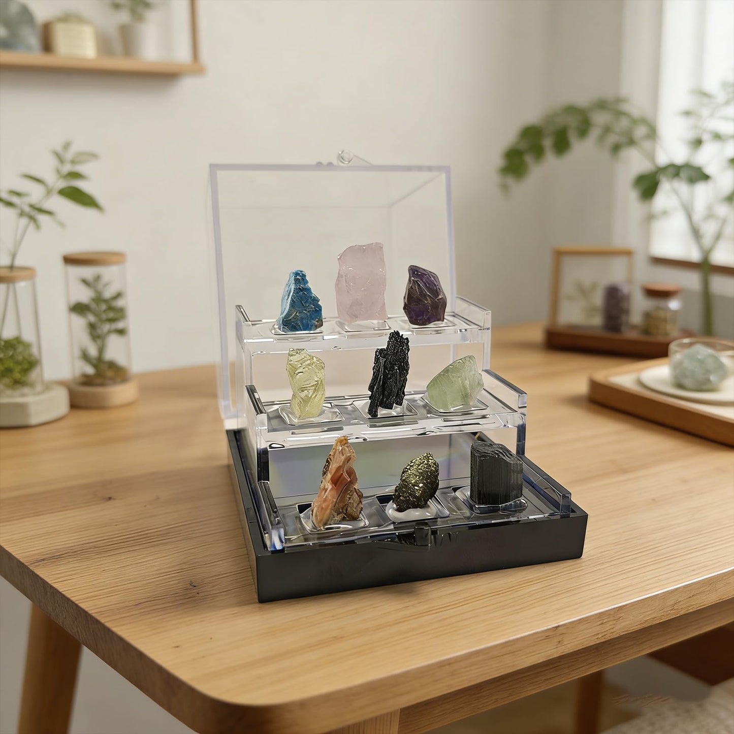 Rare Natural Naturally Mineral Specimen Collection Gift Box-9 Pieces Exquisite Minerals-Square Acrylic Tiered Display Case - Ideal Gifts for Mineral Enthusiasts,Geography Enthusiast-(Small)