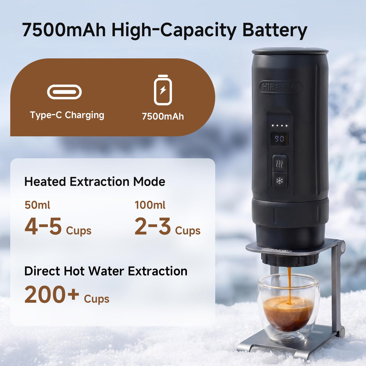 HIBREW H4C Explorer - Portable Electric Espresso Machine, USB-C Rechargeable Coffee Machine for Camping and Travel, Compact for Capsules & Ground Coffee, with Foldable Holder & Carrying Case (Black)