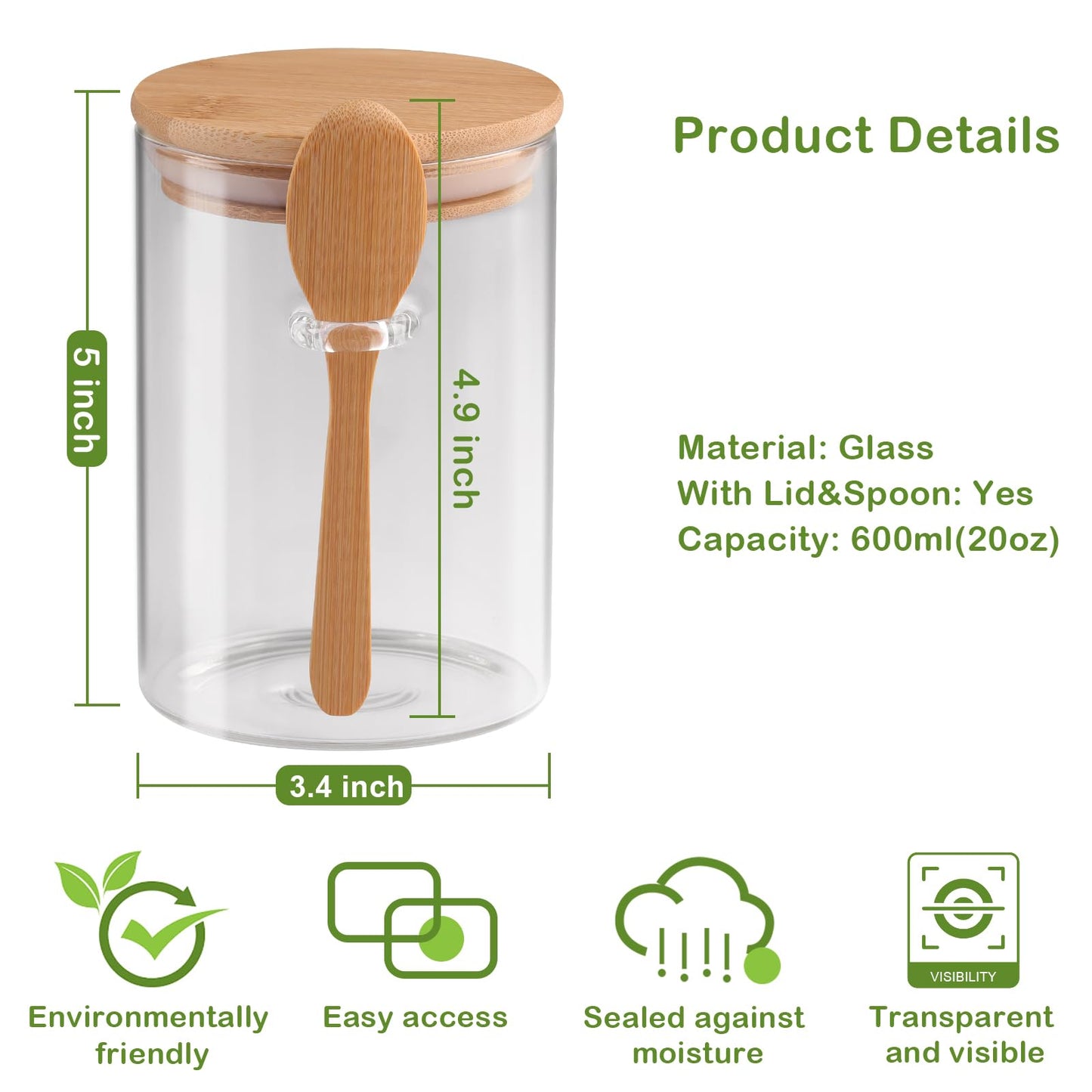 Set of 3 Airtight Glass Jars with Bamboo Lids and Spoons - 20oz Decorative and Durable Borosilicate Glass Canisters Perfect for Storing Coffee Beans,Tea,Flour,Sugar,Nuts,Candy,Bath Salts and More