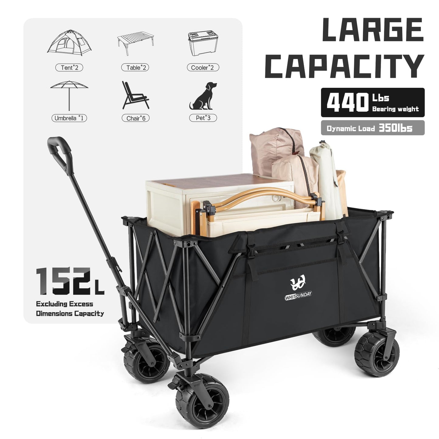 Whitsunday Heavy Duty Collapsible Wagon, 440Lbs Folding Beach Wagon Cart, All Terrain Wheel & Extra Large Utility Camping Park with Table