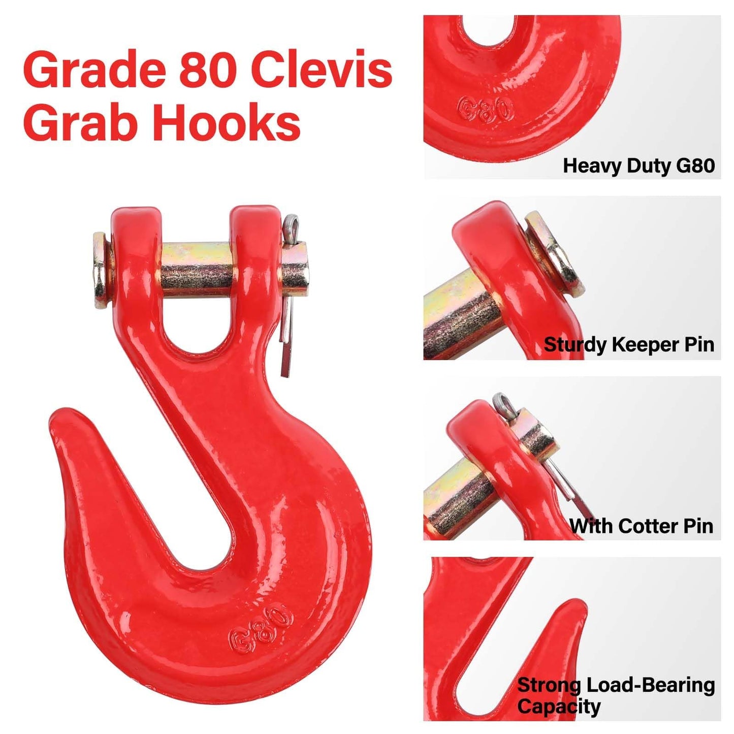 Lechansen G80 1/4'' Chain Grab Hooks, 4 Pack Grade 80 Clevis Grab Hook, 1/4" Tow Hook Heavy Duty for Transport Chain, 3,300 Lbs Working Load Limit, Trailer Truck Hook Binder Chain Hook for Transport
