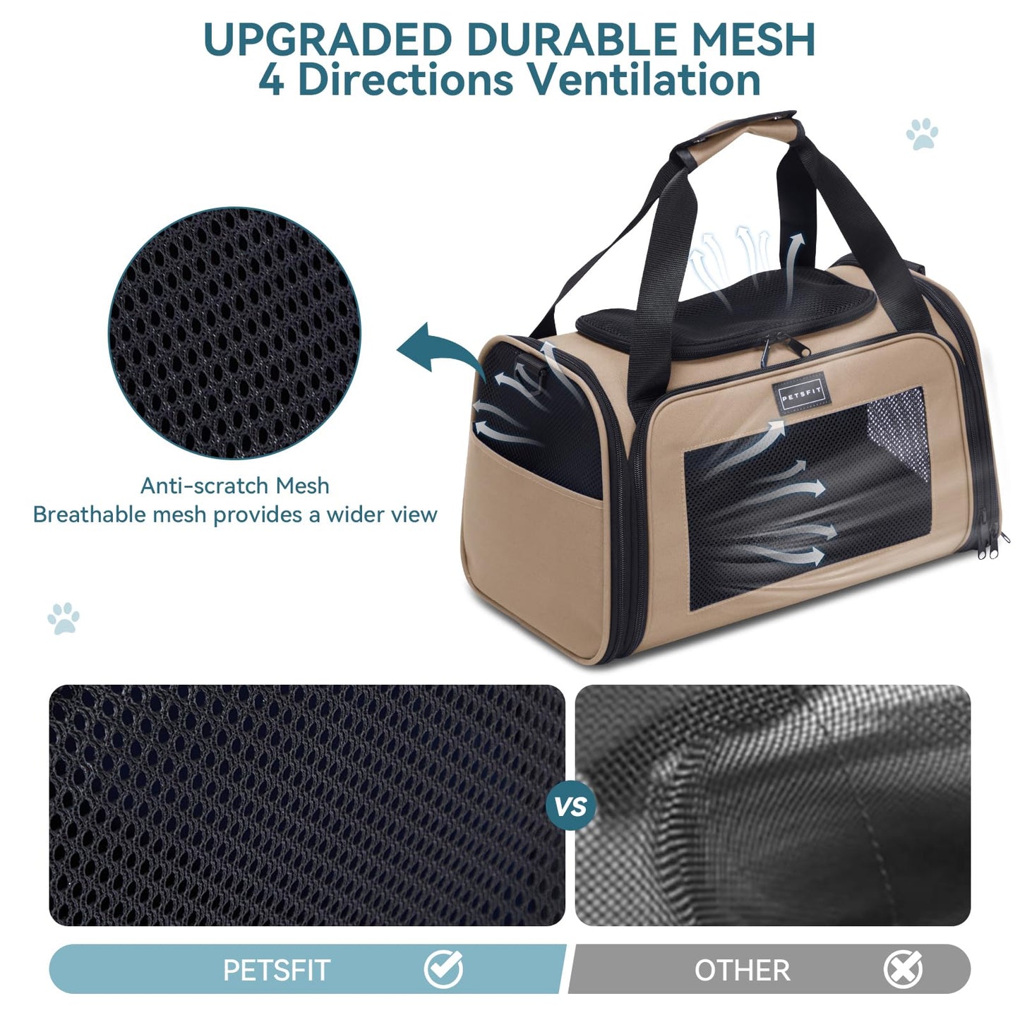 PETSFIT Dog Carrier Cat Carriers for Puppies, Medium Cats up to 25Lbs, Travel Soft Sided Pet Carrier (Large, Khaki)