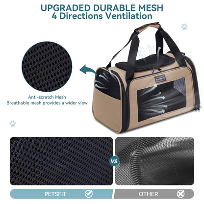 PETSFIT Dog Carrier Cat Carriers for Puppies, Medium Cats up to 25Lbs, Travel Soft Sided Pet Carrier (Large, Khaki)