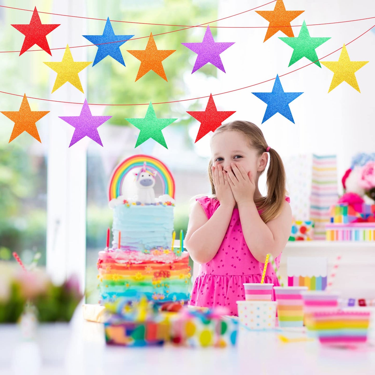 Gejoy 80 Pieces Rainbow Glitter Stars Cutouts Stars Decoration Double Printed Paper Star for Movie Night Bulletin Board Decoration Classroom Wall Party Decor Graduation Party Decorations 6 Inches