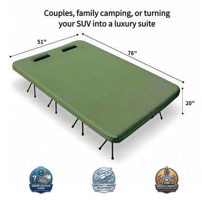Freein Double Camping Cot with 7 PSI Inflatable Mattress Combo, Queen Size Modular 2-in-1 Sleep System, Dual-Height Adjustable, 16-Point Stable Frame Supports 820lbs, Portable SUV & Tent Bed