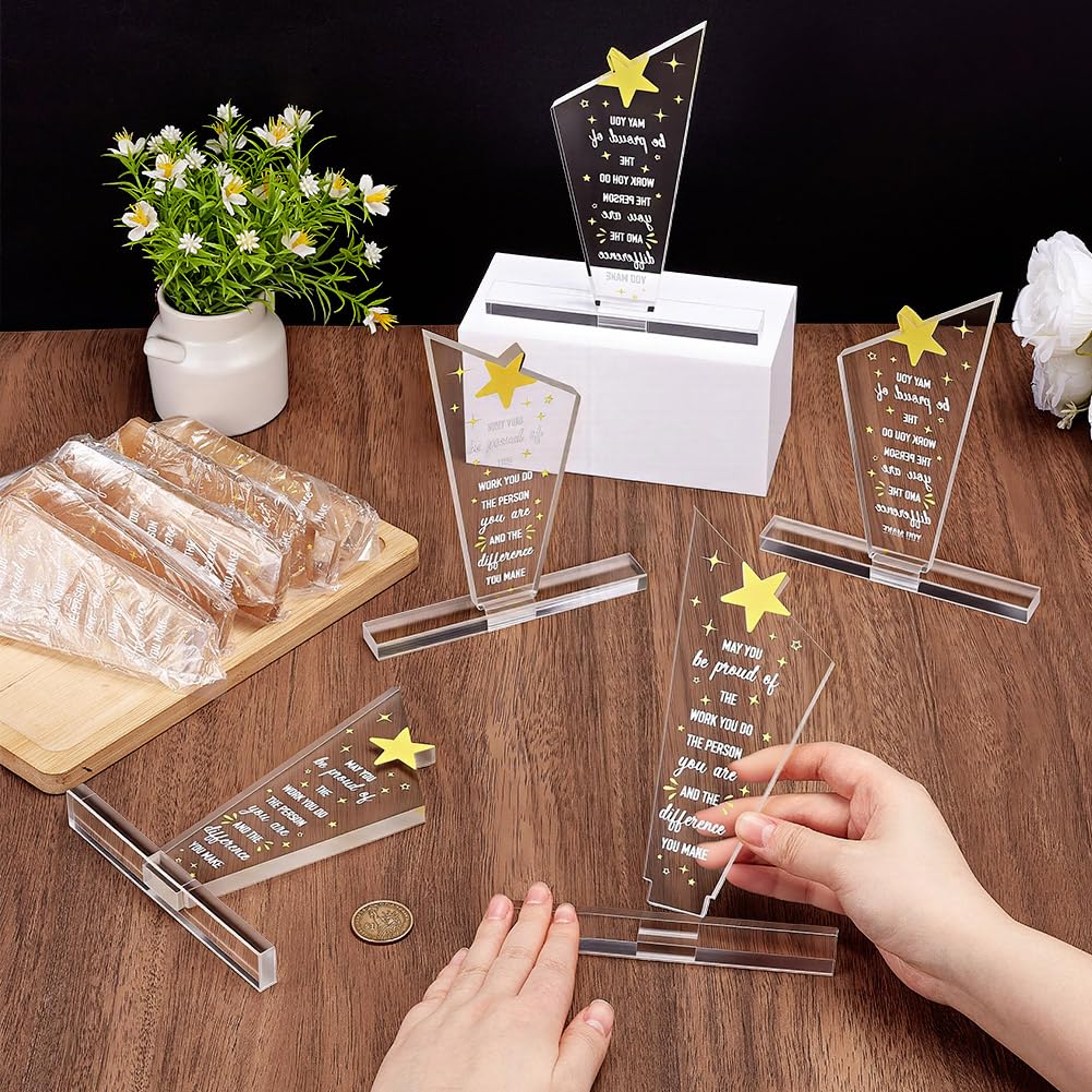 CUTHOLLOW Bulk 10 Sets Acrylic Recognition Desk Block 5.51x6.42 Inch/14x16.3 cm Clear Self Standing Trophy Lightweight Crystal Look Employee Appreciation Award for Coffee Station Display, Transparency