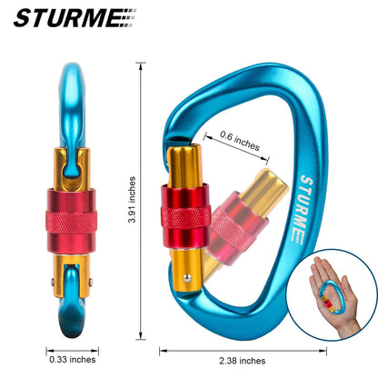 STURME UIAA Certified Climbing Carabiner Clips, 2 Pack 25KN(5623lbs) Screwgate Locking Carabiner Heavy Duty Caribeener Clips, Large Carabiner D Ring for Rock Climbing & Mountaineering