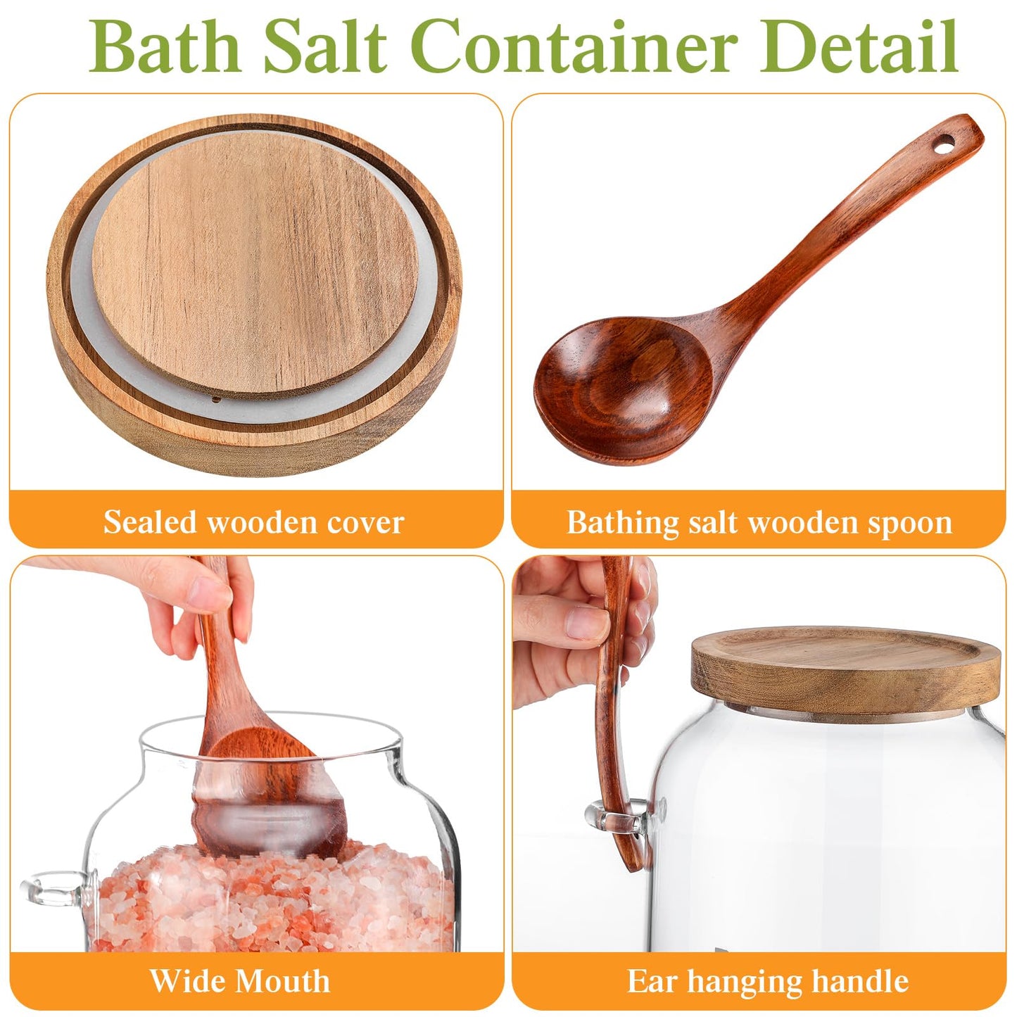 SiliFine 2 Pcs 94 oz Bath Salts Glass Jar with Wooden Lid, Bath Salt Container with Scoop, Airtight Storage Bathtub Accessories for Women