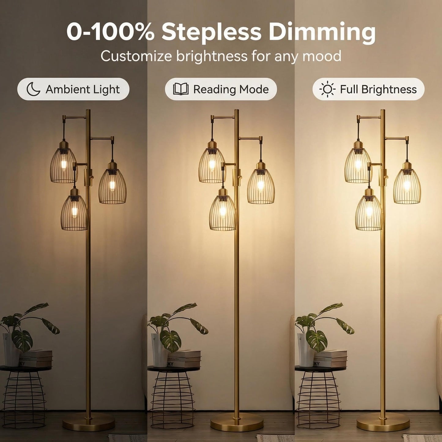 Dimmable Floor Lamp, Industrial Floor Lamps for Living Room, Antique Brass Tree Lamp Standing Lamp Tall Lamps with 3 Elegant Teardrop Cage Head & 800 Lumens LED Bulbs for Living Room Bedroom Office
