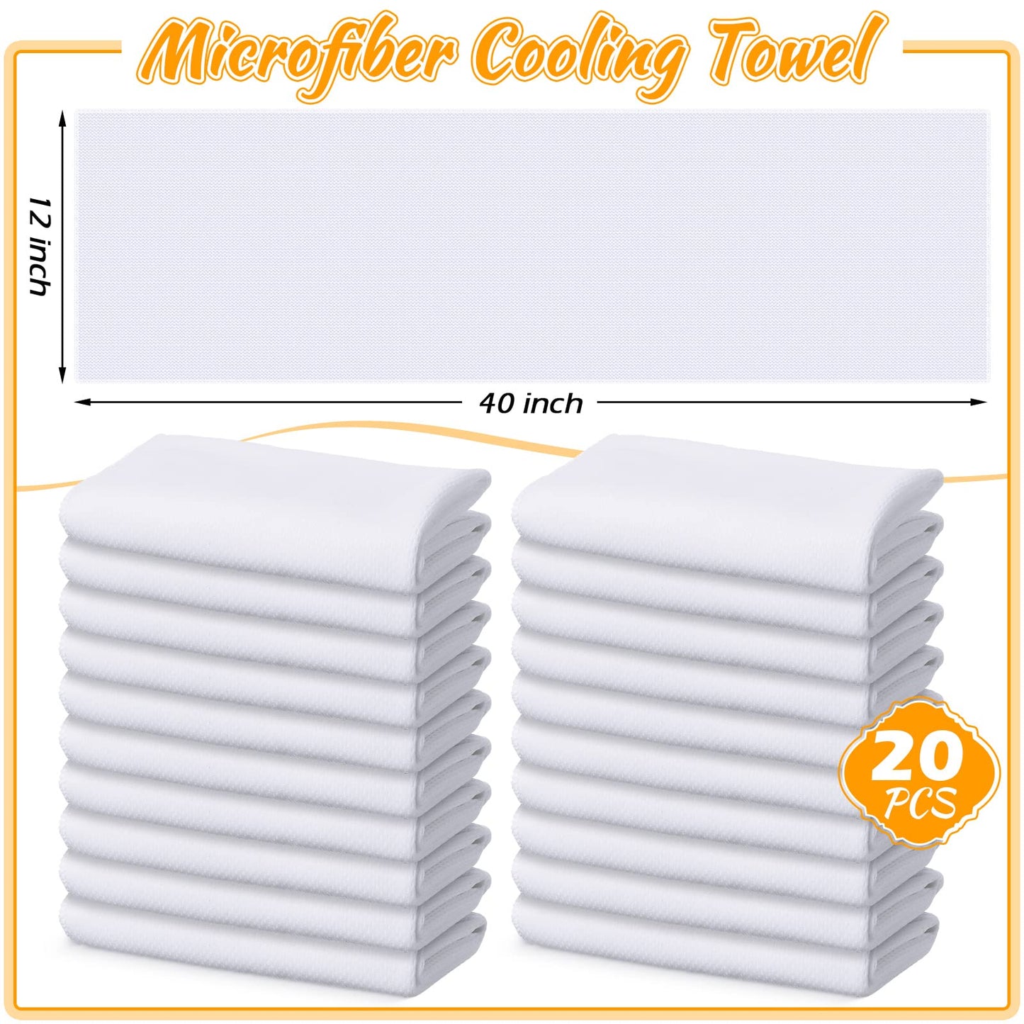 20 Pcs Cooling Towel 40" x 12" Ice Towel for Neck and Face Microfiber Chilly with Bag Breathable Yoga Gym Stay Cool Towels Sweat Rag for Workout Running Camping Pilates Beach Accessories (White)