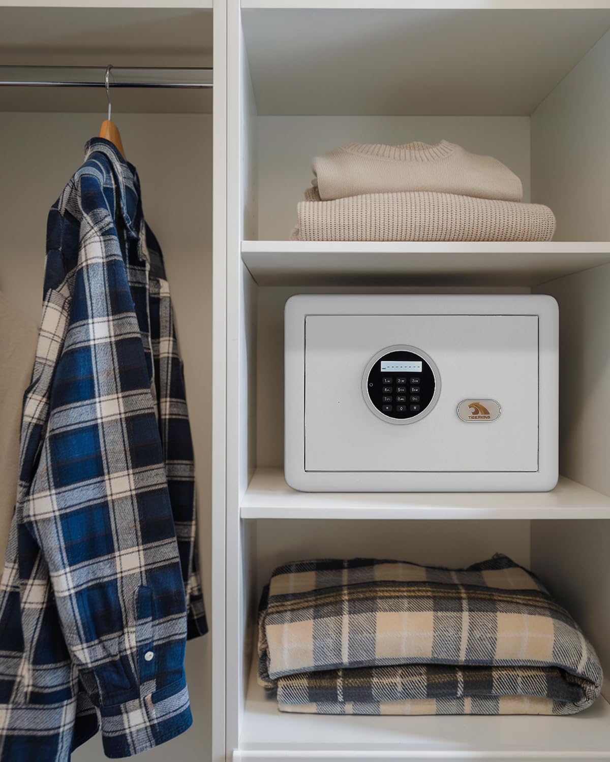 TIGERKING Small Safe Box for Home, 1.2 Cubic Feet White Safes Box with Digital Lock, Easy Assembly, Secure Electronic Locking Mechanism, Compact Personal Safe for Valuables