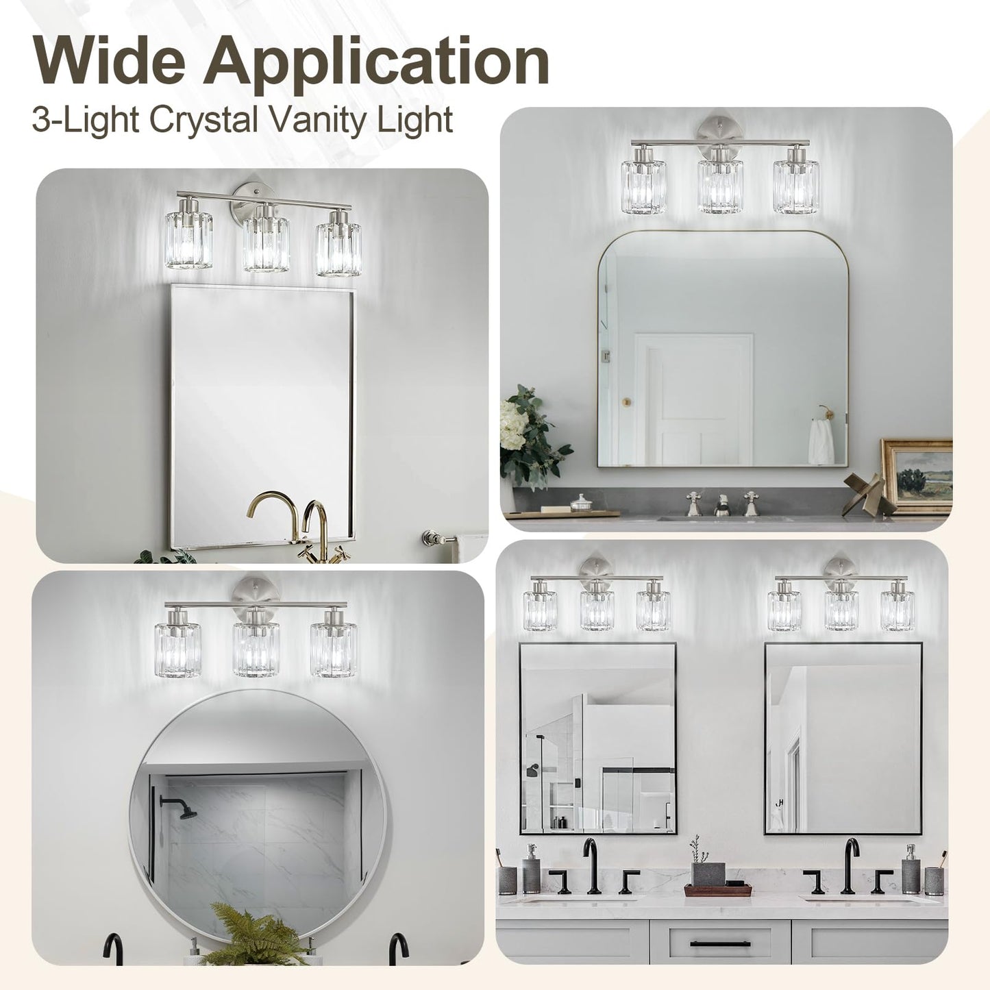 Kvhiiw Crystal Bathroom Light Fixtures, Bathroom Lighting Fixtures Over Mirror, Modern 3-Light Brushed Nickel Vanity Lights for Mirror, Restroom, Kitchen(Ceramic E26 Socket,Bulbs Not Include)