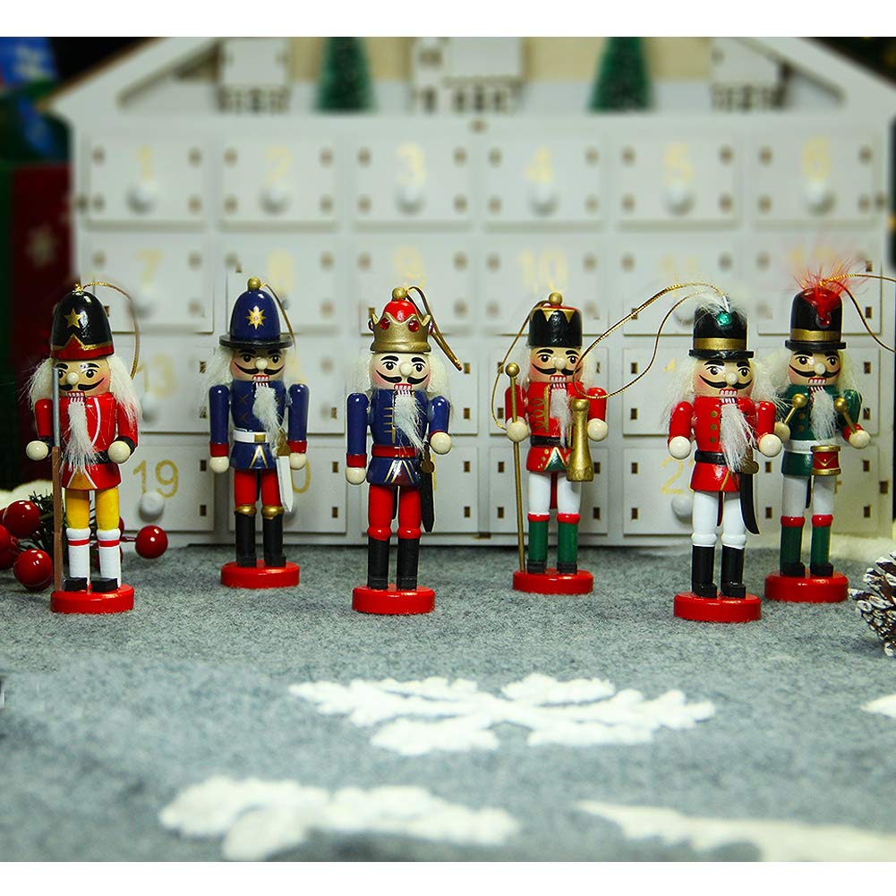 Joliyoou Wooden Christmas Nutcracker, 6 Pcs Mini Soldier Figurines 5.1 inch Ornaments for Xmas Gifts