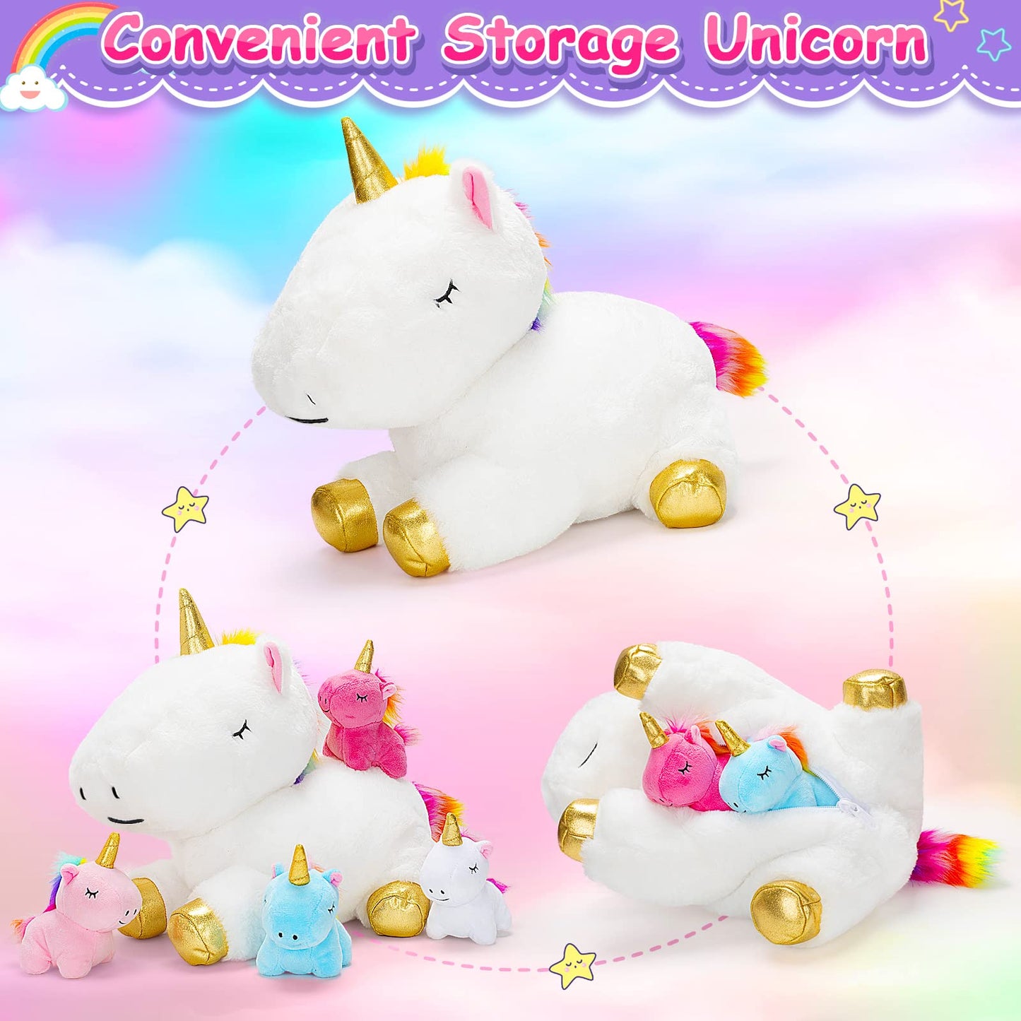 KMUYSL Toys for Girls Ages 0 1 2 3 4 5 6 7 8+ Years - Unicorn Mommy Stuffed Animal with 4 Baby Unicorns in Her Tummy, Soft Unicorn Plush Toys Set, Christmas Birthday Gifts for Baby, Toddler, Kids
