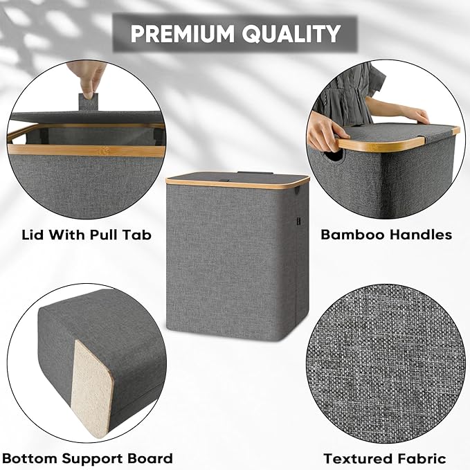 BALEINE Laundry Hamper with Lid, Tall Laundry Baskets with Bamboo Pull Handles
