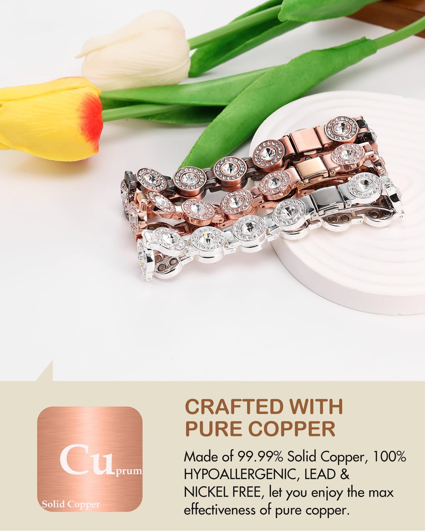 Feraco Pure Copper Bracelets for Women, 4X Ultra Strength Magnetic Bracelet with 3800 Gauss Neodymium Magnets & Dazzling Austrian Cut Crystals, Adjustable Jewelry Gift