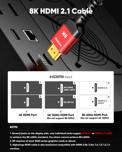 Highwings 8K 10K HDMI 2.1 Cable 6.6FT/2M 2-Pack, Certified Ultra High Speed HDMI Cable Braided Cord-4K@120Hz 8K@60Hz, DTS:X, HDCP 2.2 & 2.3, HDR 10 Compatible with Roku TV/HDTV/Blu-ray