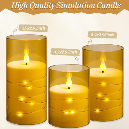 Kiexung Flashing Flameless Candles with String Light, Battery Powered Candle, Recessed String LED Candles, Indestructible Plexiglass Candle with Remote Control, Set of 3, Amber
