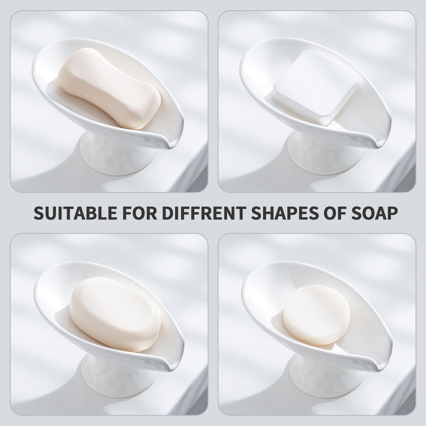 Self Draining Soap Dish,Soap Dish for Shower,White Ceramic Soap Holder for Bathroom Kitchen Shower Keeps Soap Dry, Easy to Clean(Matte White)