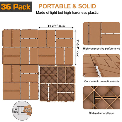 Goovilla Plastic Interlocking Deck Tiles, 36 Pack Outdoor Patio Flooring, 12"x12" Interlocking Decking Tile Outdoor All Weather Use, Waterproof Patio Pavers for Pool Balcony Backyard Porch, Khaki