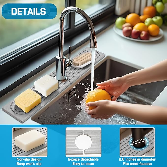 Faucet Mat for Kitchen Sink, Diatomite Quick Drying Tray, Long 23.6'' Kitchen