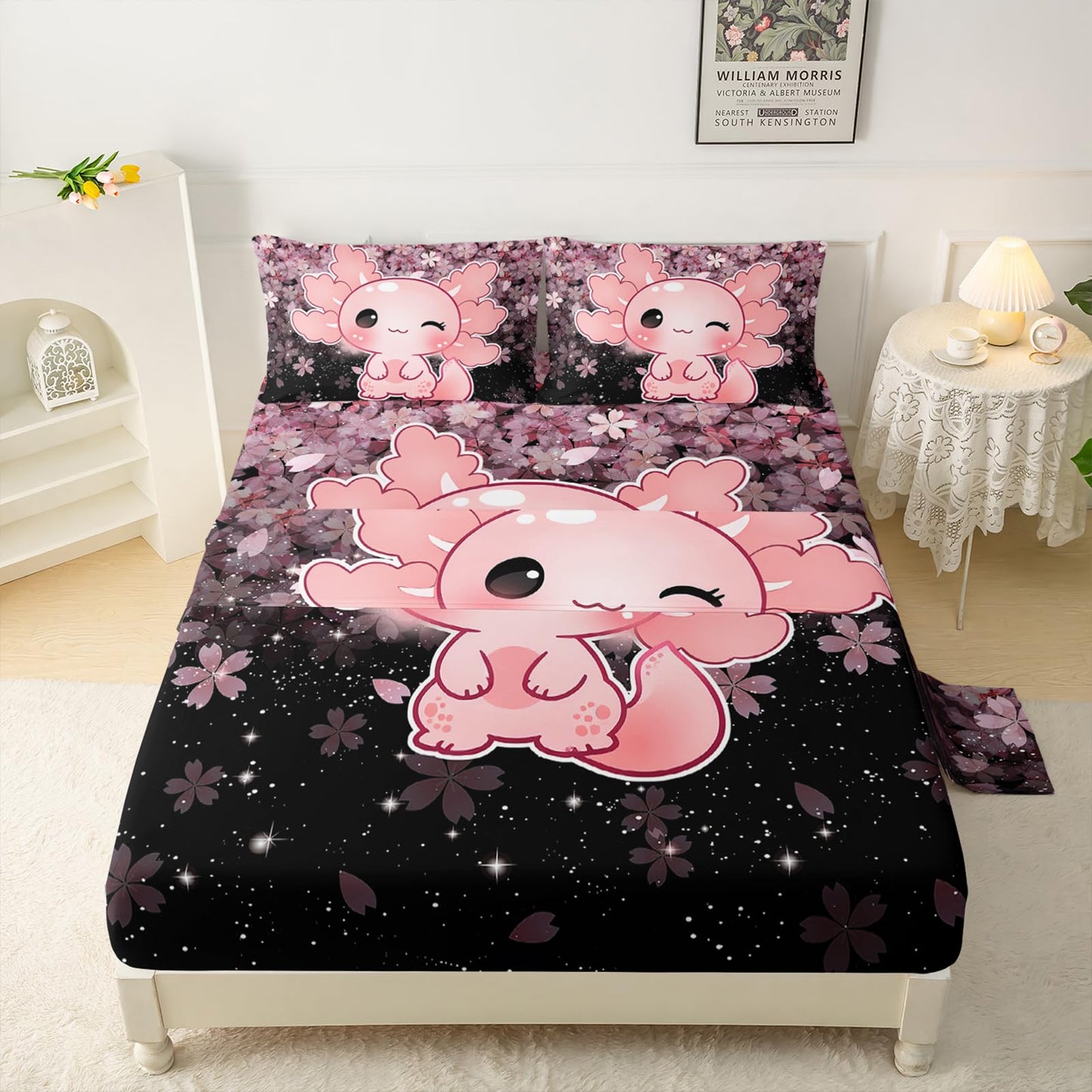 QOOMO Kawaii Axolotl Bedding for Boys and Girls Pink Cherry Blossom Super Soft Kids Bedding Set Sparkling Stars Breathable Room Decoration Queen Size 1 Fitted Sheet, 1 Flat Sheet, 2 Pillow Cases