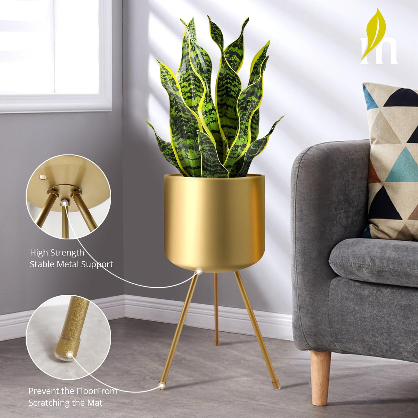magarz Mid-Century Metal Flowerpot with Stands, Gold Stylish Modern Floor-Standing Flowerpot,Suitable for Orchid, Aloe Indoor Outdoor Decoration 8.5'' Wide 18'' high