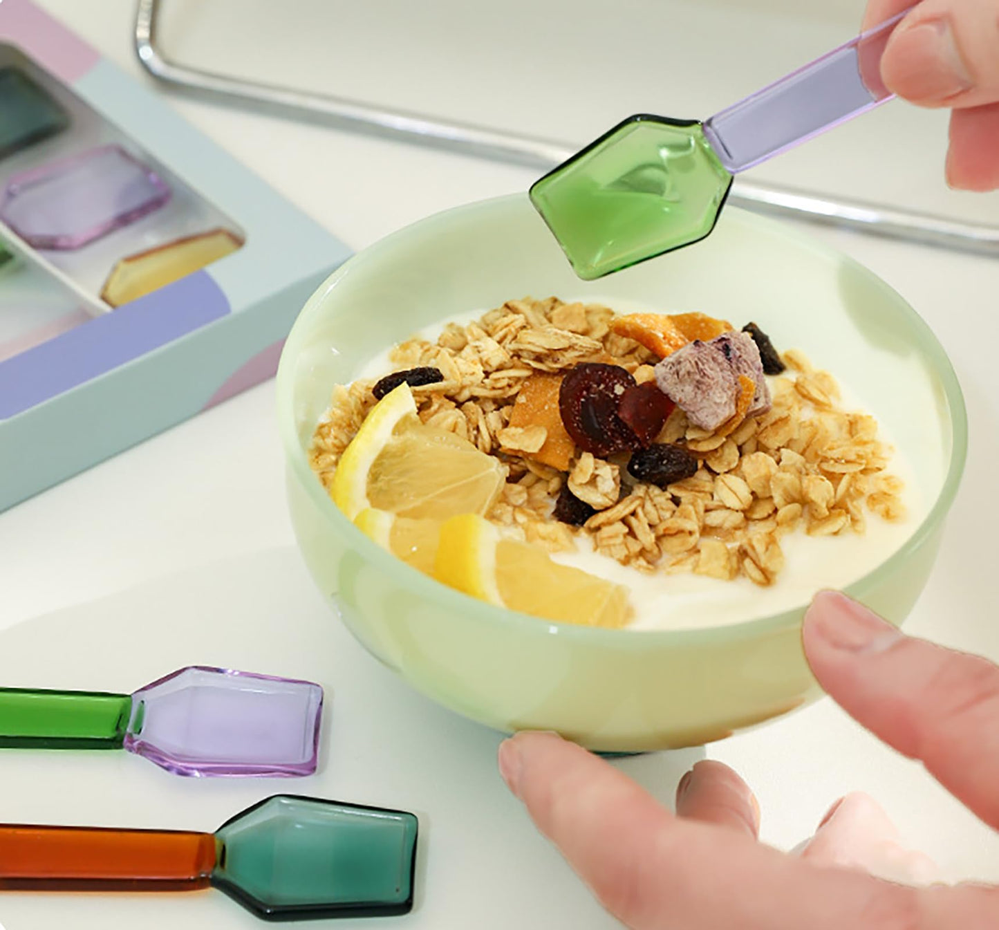 TMXAOK 3 Pieces Colorful Small Glass Spoon, 3.6Inch Clear Crystal Ice Cream Dessert Coffee Stirring Spoon Teaspoon Salt Sugar Seasoning Jam Honey Scoop for Cafe Bar Party (B)
