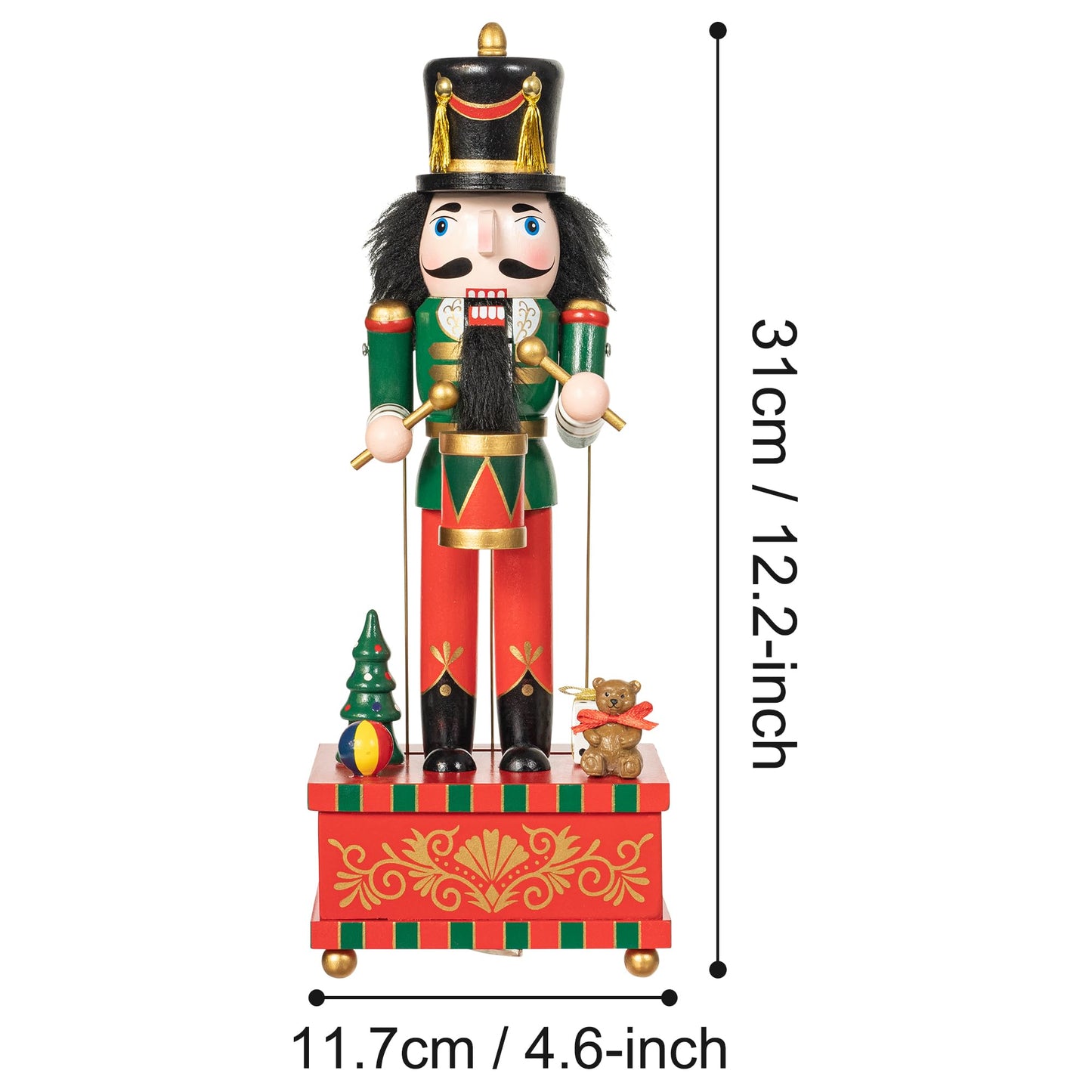 KI Store Christmas Nutcracker Green Music Box Wooden Drummer Soldier Nutcracker Figurine for Christmas Decorations Display Gift Collection