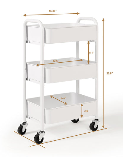 SunnyPoint 3-Tier Delicate Compact Rolling Metal Storage Organizer - Mobile Utility Cart Kitchen/Under Desk Cart with Caster Wheels - WHT (15.35" X 10.24" X 26.8"H)