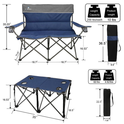 CAMPHILL Camping Chair Set of 4, Outdoor Folding Camping Chairs with Table Heavy Duty Lawn Chair with Cup Holder,Collapsible Chair Include One Sofa Chair and Two Single Chairs and Camping Table