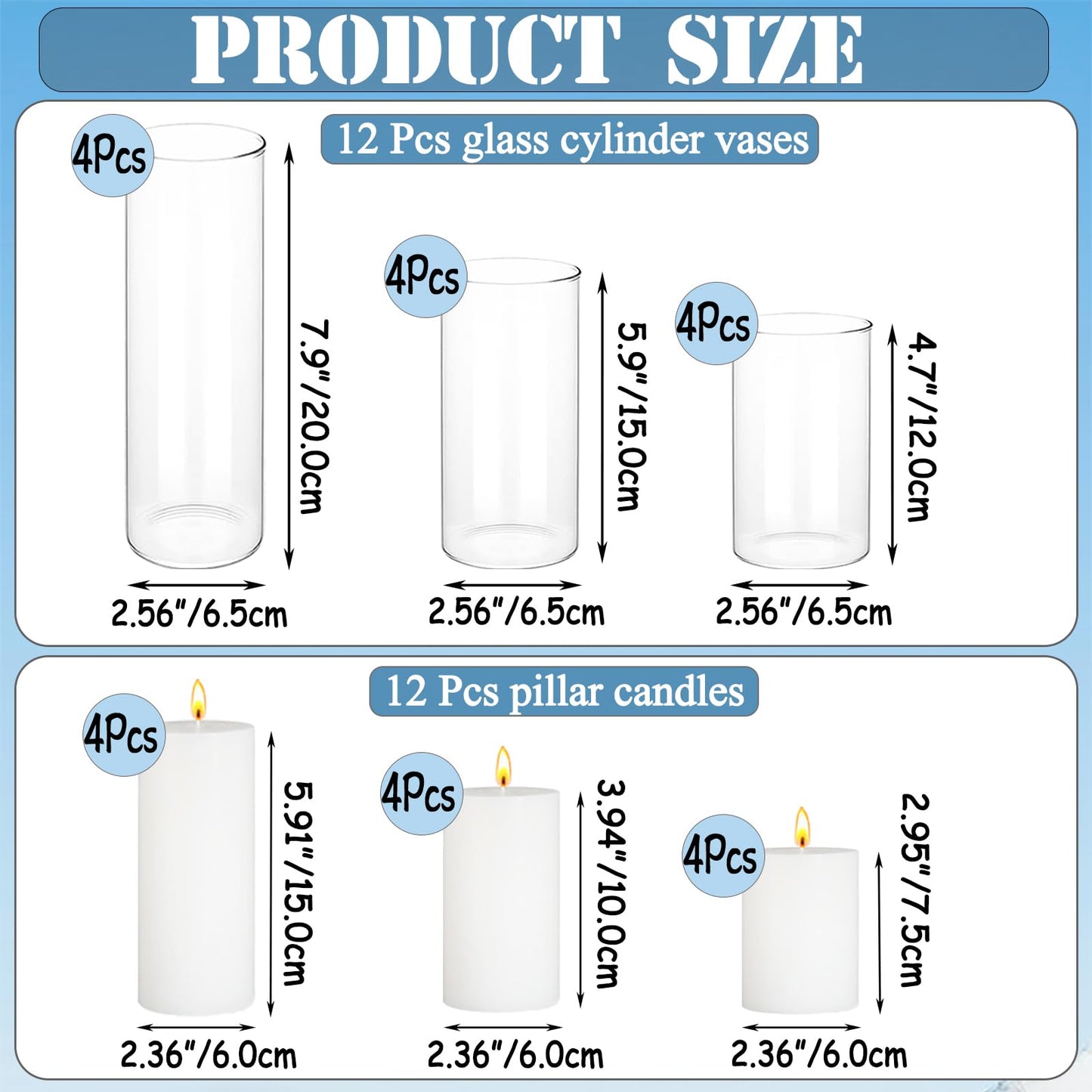 FFUW 24 Pcs White Pillar Candles with Glass Candle Holder Hurricane Glass Candle Holders Clear Cylinder Vases for Centerpieces Wedding Office Party Home Table Decor