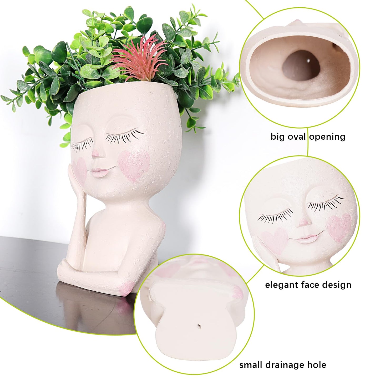 CASANIA Closed Eyes Girl Head Planter Pot with Drainage Hole, Resin Face Planter for Succulents Small Plants, Indoor Outdoor Whimsical Decor for Home Garden Office, Gift for Plant Lovers