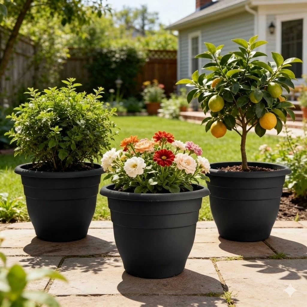 RooTrimmer 16 Inch Plant Pots Indoor Outdoor,6 Pack Black Plastic Planters with Drainage Holes,Large Lightweight Flower Pots for Indoor Outdoor Plants,Patio Garden Containers