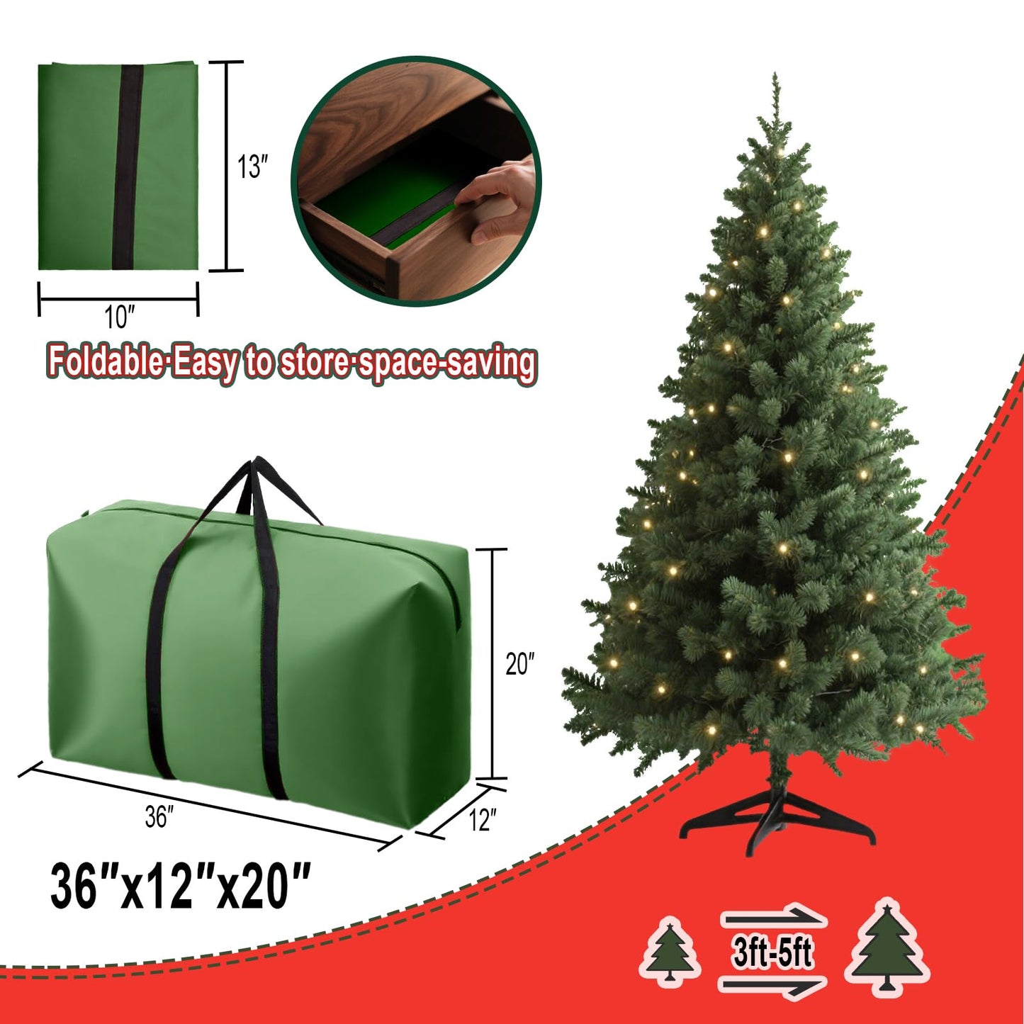 Small Christmas Tree Storage Bag 3FT/4FT/5FT Christmas Tree Bag for Detachable Christmas Tree Heavy Duty 600D Oxford Waterproof Dusty-Proof with 2 Reinforced Handle,Large Zipper Opening (GREEN)