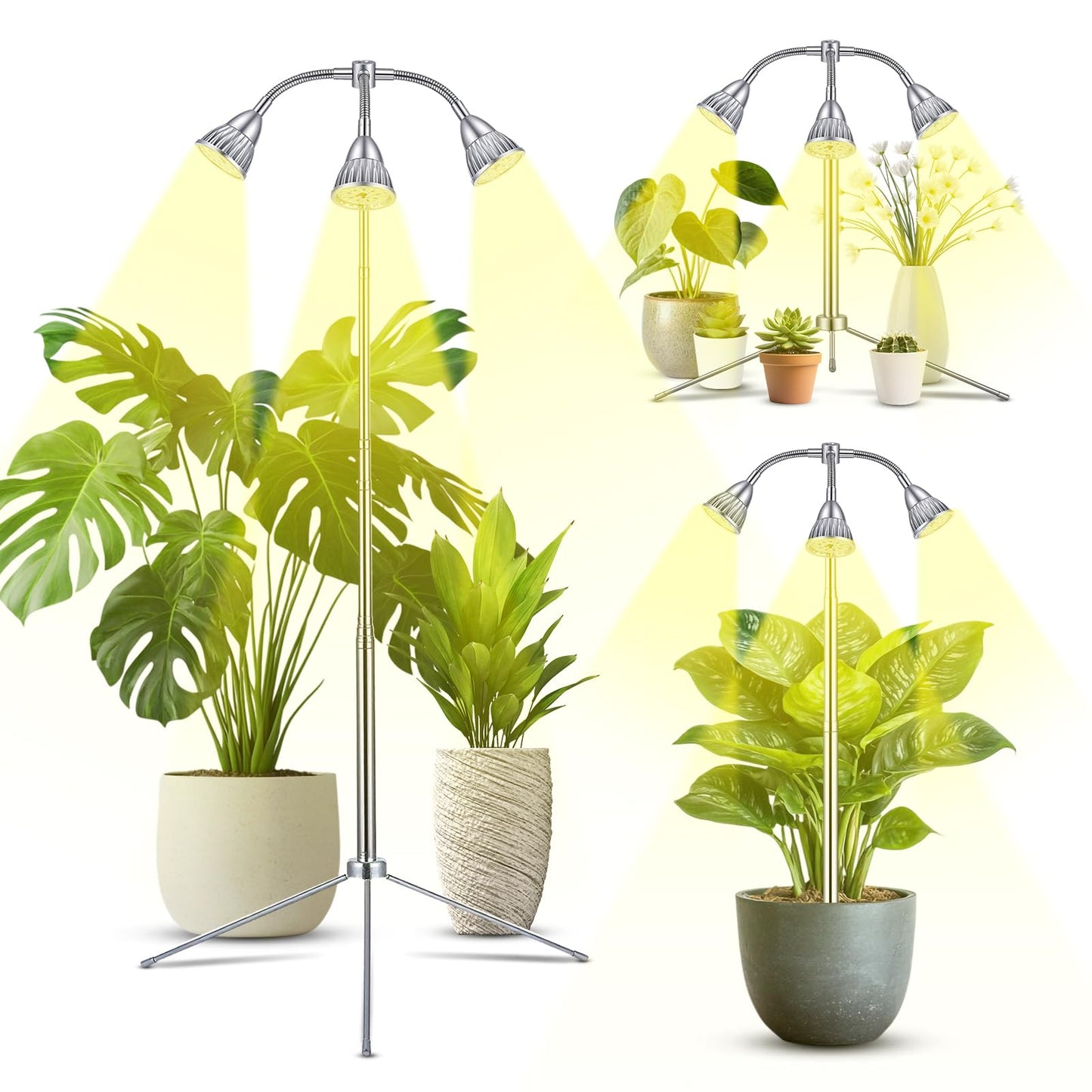 Avolend Grow Lights with 3 Heads for Indoor Plants, 10-55 Inches Height Adjustable Aluminum Alloy, Full Spectrum Plant Growing Lamps with Detachable Tripod Stand, Auto On/Off Timer