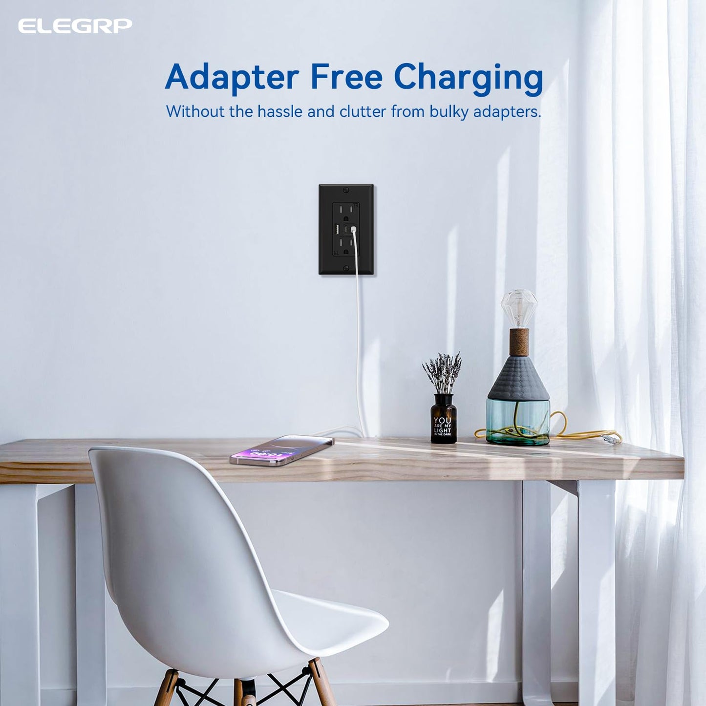 ELEGRP USB Outlets, 15 Amp Wall Outlet with 3 USB Ports, Dual USB C Ports Outlets, TR Tamper-Resistant USB Outlets Receptacles, Wall Plate Included, UL/CUL Listed, 10 Pack, Black