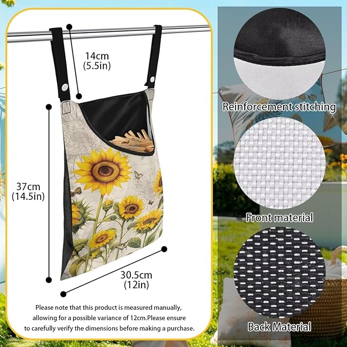 2 Pcs Sunflowers Print Clothespin Bag, Laundry Hanging Bag Fits Clothes Lines