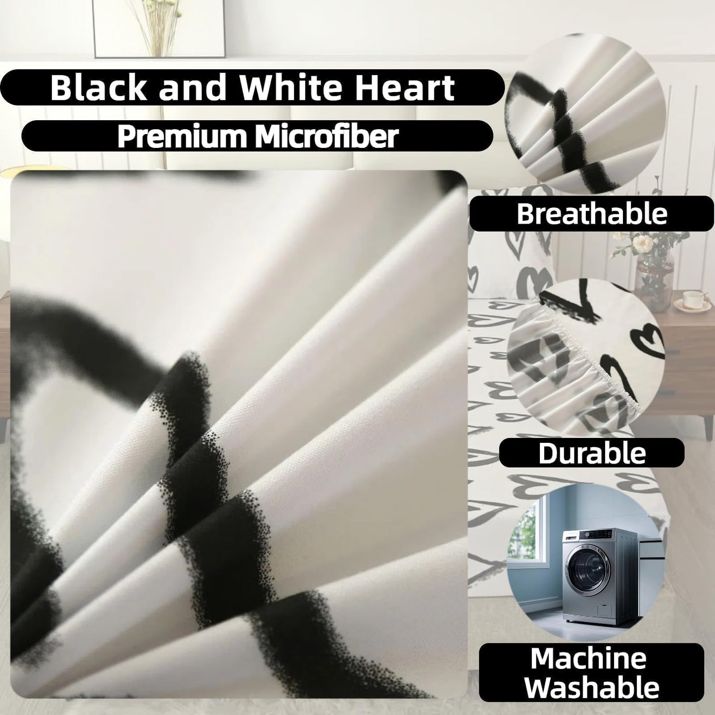 SDIII Love Heart Fitted Sheet Twin with 2 Pillowcases, Deep Pocket Soft Microfiber Black and White Romantic Bed Sheet