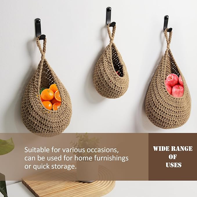 Hanging Fruit Large Basket Set of 3, Boho Wall Hanging Storage Basket