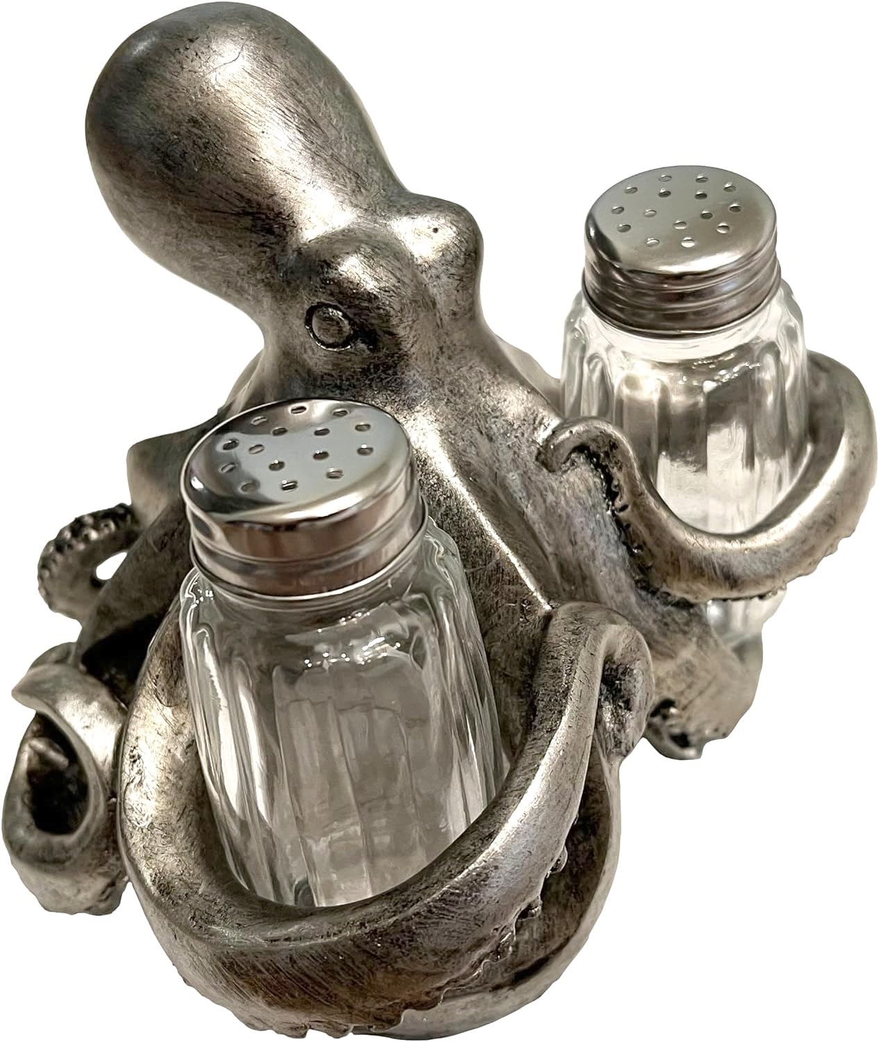 The Bridge Collection Octopus Salt and Pepper Shaker Holder Set - 3 Piece Set - Octopus Kitchen Items - Fun Salt and Pepper Shakers for Beach, Nautical, or Coastal Decor