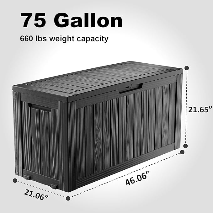 DRATO 75 Gallon Deck Box, Waterproof Resin Large Outdoor Storgae Box for Patio Furniture, Patio Cushions, Gardening Tools, Pool Supplies, Lockable（Black，75 Gallon）