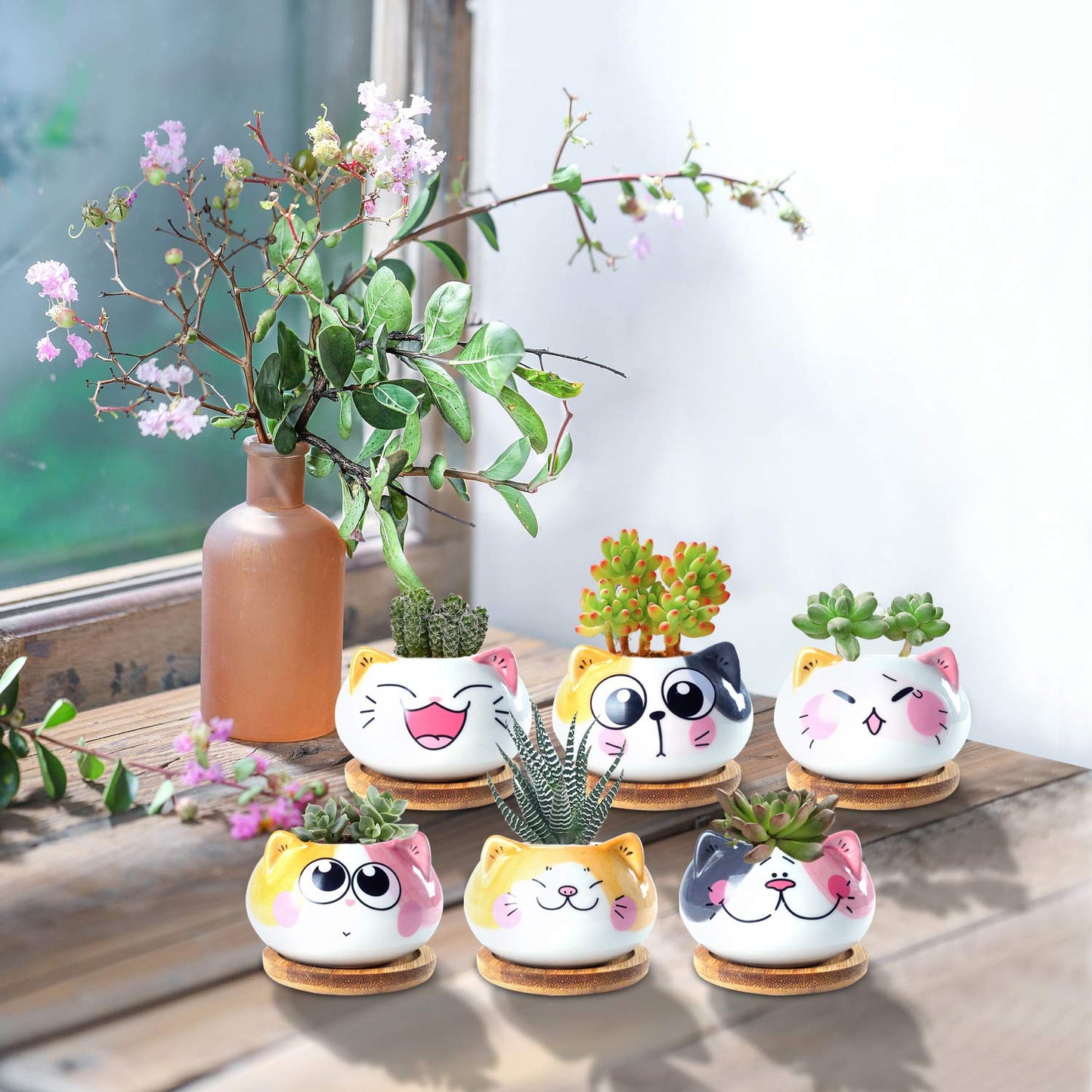 YINUOWEI Succulent Pots with Drainage 3.6 Inch Mini Cat Pots for Plants Tiny Animal Planter Small Ceramic Air Plant Flower Pots Cactus Faux Planters Containers with Bamboo Tray