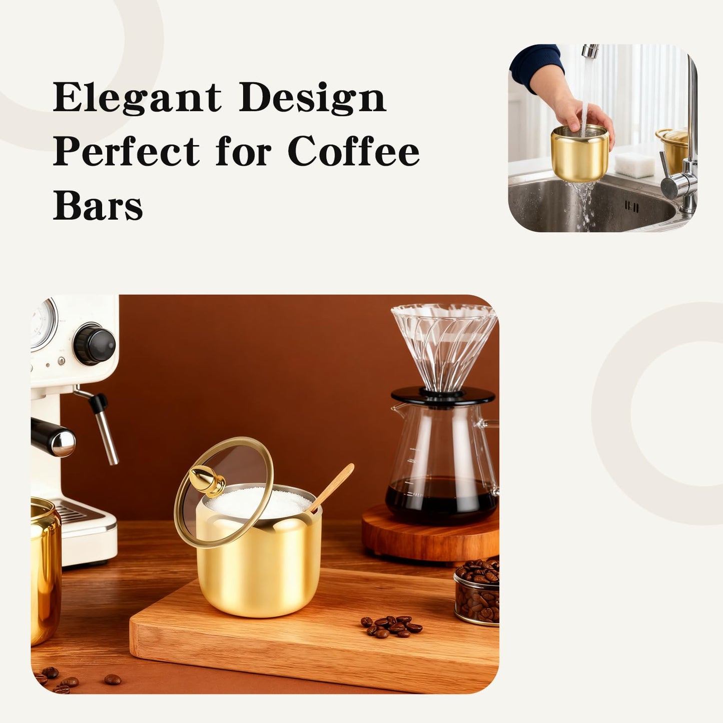 HPZIHYNAP 2 Pack Sugar Bowl with Lid and Spoon - 10oz Gold Stainless Steel Sugar Container, Coffee Bar Accessory for Kitchen & Home, Stores Salt & Candy