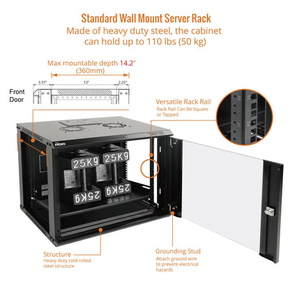 Tecmojo 9U Wall Mount Server Cabinet IT Network Rack Enclosure Lockable Door and Side Panels Black,Cooling Fan, Glass Door, 17.7inch Depth,for 19” IT Equipment, A/V Devices